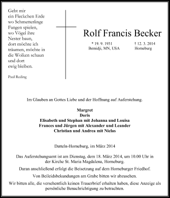 Traueranzeige von Rolf Francis Becker von Medienhaus Bauer